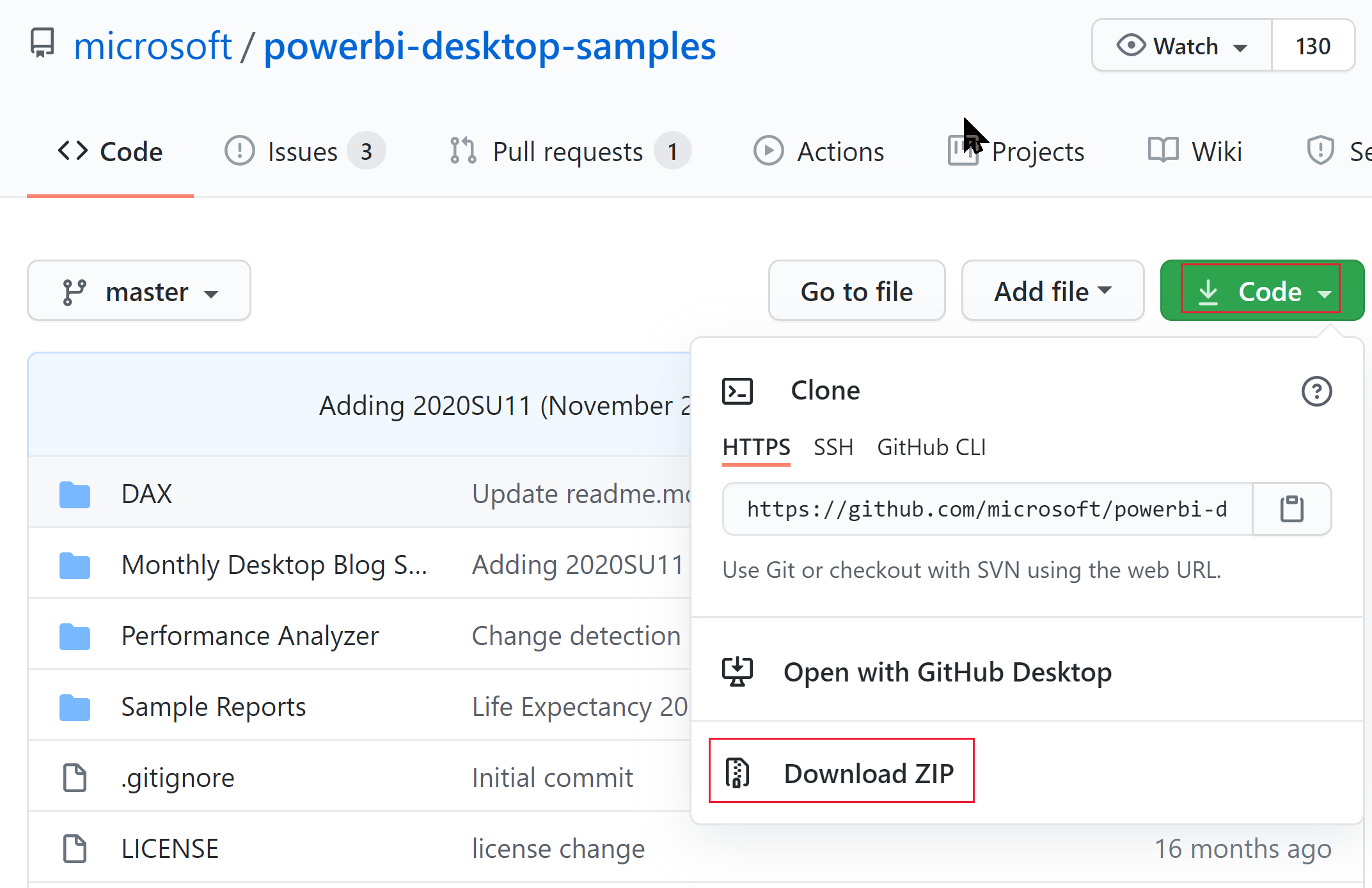 Snímek obrazovky znázorňující možnost stažení SOUBORU ZIP v ukázkách Power BI Desktopu na GitHubu