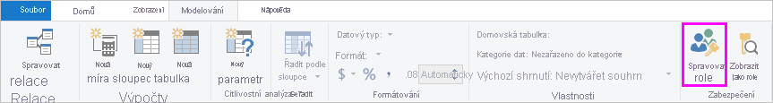 Snímek obrazovky s kartou Modelování se zvýrazněnou možností Spravovat role