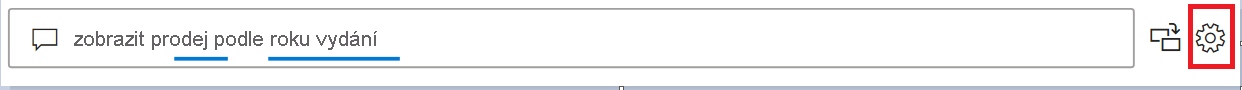 Snímek obrazovky s vyhledávacím polem Q a A se zvýrazněnou ikonou ozubeného kola