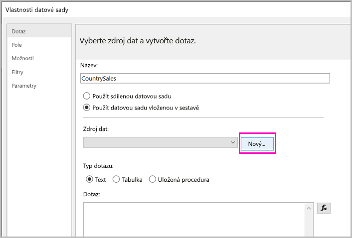 Snímek obrazovky s tlačítkem Nový vložený zdroj dat