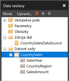 Snímek obrazovky s datovými sadami v podokně Data sestavy