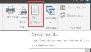 Snímek obrazovky s výběrem možnosti Rozložení při tisku