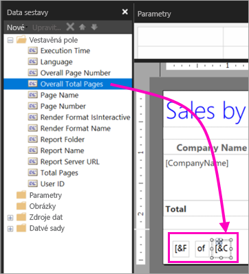 Snímek obrazovky s podoknem Data sestavy zobrazující, kam přetáhnout pole build-in do zápatí
