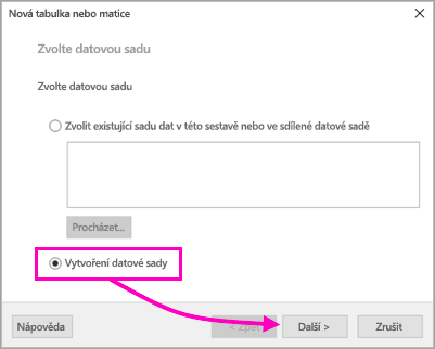 Snímek obrazovky znázorňující, kde najít možnost Vytvořit datovou sadu