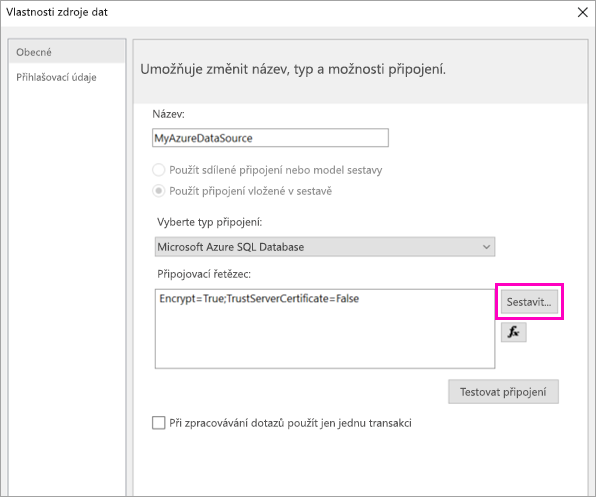Snímek obrazovky znázorňující, kde vybrat možnost Sestavení ve vlastnostech zdroje dat