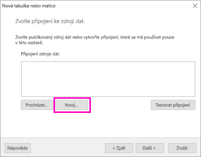 Snímek obrazovky znázorňující, kde vybrat Možnost Nový pro připojení ke zdroji dat
