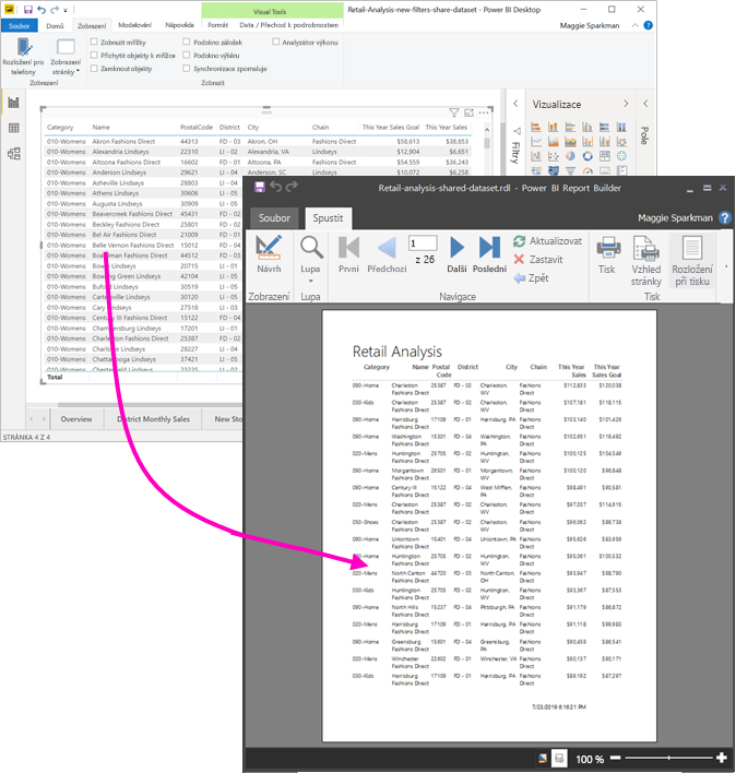 Snímek obrazovky Tvůrce sestav stránkované sestavy vytištěné z Power BI Desktopu