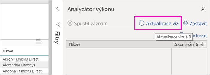 Snímek obrazovky s tlačítkem Aktualizovat vizuály v Analyzátor výkonu