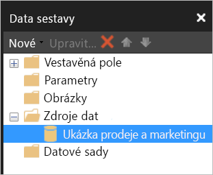 Snímek obrazovky s podoknem Data sestavy s datovou sadou uvedenou v části Zdroje dat