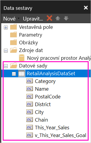 Snímek obrazovky s poli uvedenými v datové sadě v podokně Data sestavy