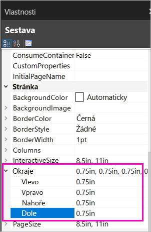 Snímek obrazovky s vlastnostmi okrajů stránky