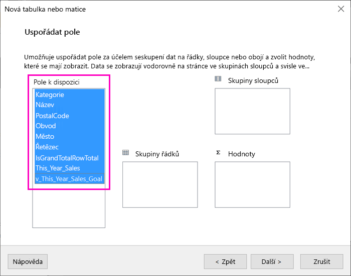 Snímek obrazovky s dostupnými poli dostupnými v Průvodci tabulkou