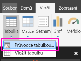 Snímek obrazovky s tlačítkem Průvodce tabulkou na pásu karet Vložit