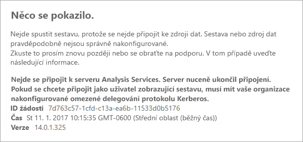 Snímek obrazovky se sestavami Power BI zobrazující chybovou zprávu související s problémy s připojením k serveru Analysis Services