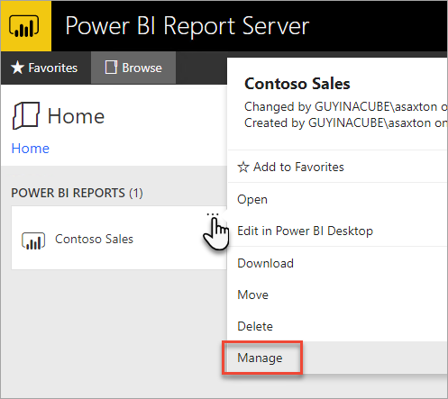 Select Manage from the Power BI report context menu