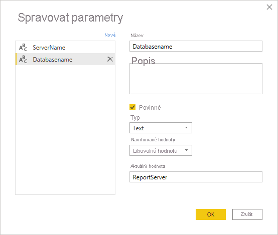 Manage Parameters, set servername and databasename.