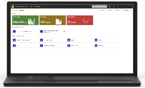 Fotografie ukazuje přenosný počítač, který zobrazuje webový portál Serveru sestav Power BI.