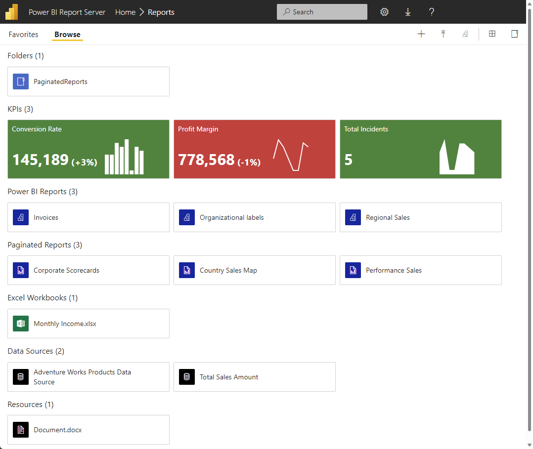 Snímek obrazovky s obnoveným webovým portálem Server sestav Power BI