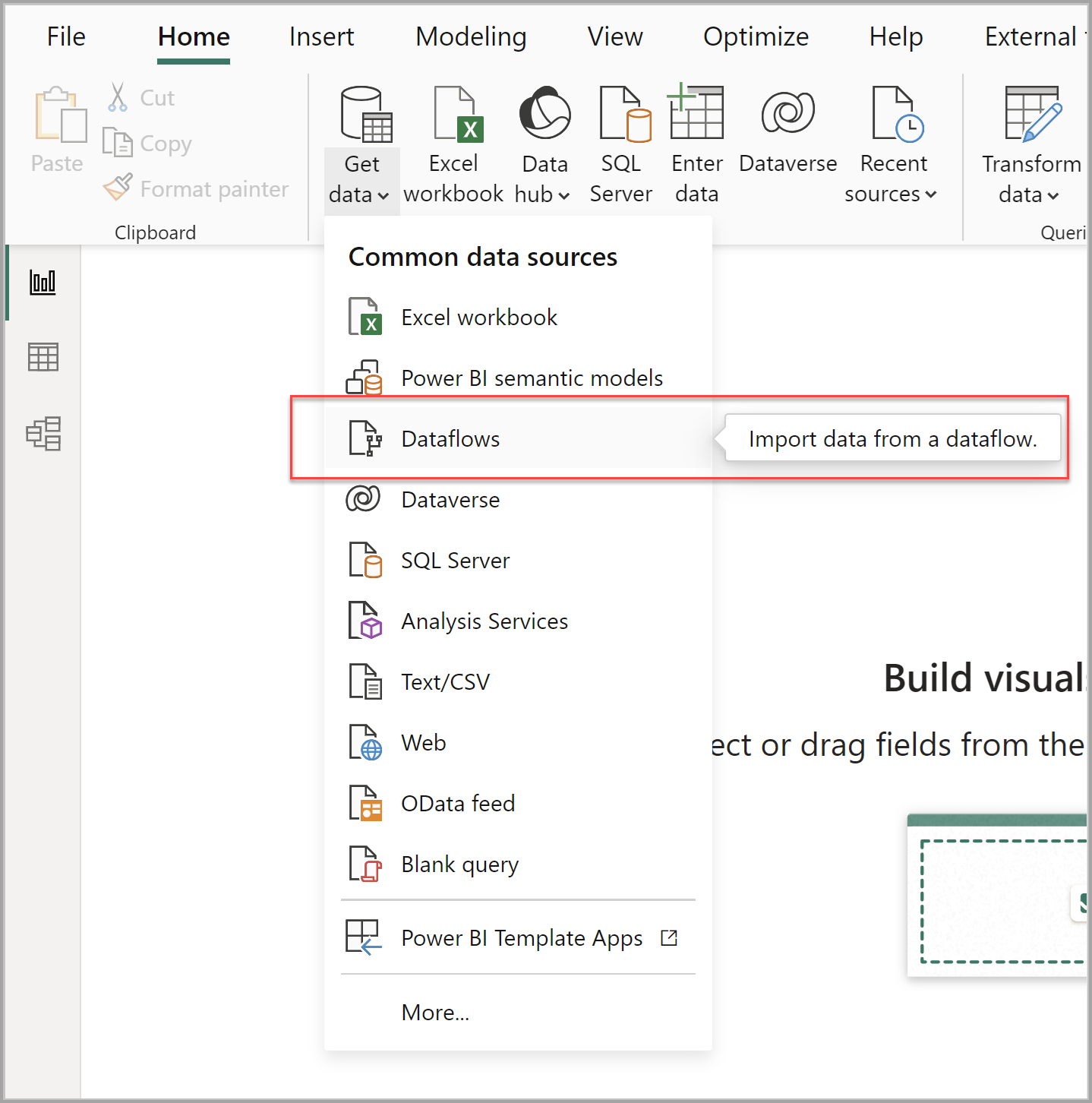 Snímek obrazovky Power BI Desktopu se zvýrazněnou možností toků dat v rozevíracím seznamu Získat data