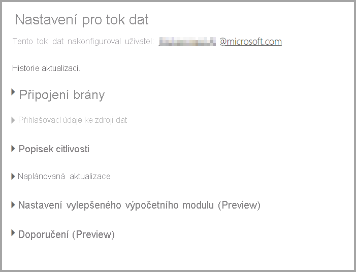 Snímek obrazovky se stránkou Nastavení toku dat po výběru Nastavení v rozevíracím seznamu toku dat