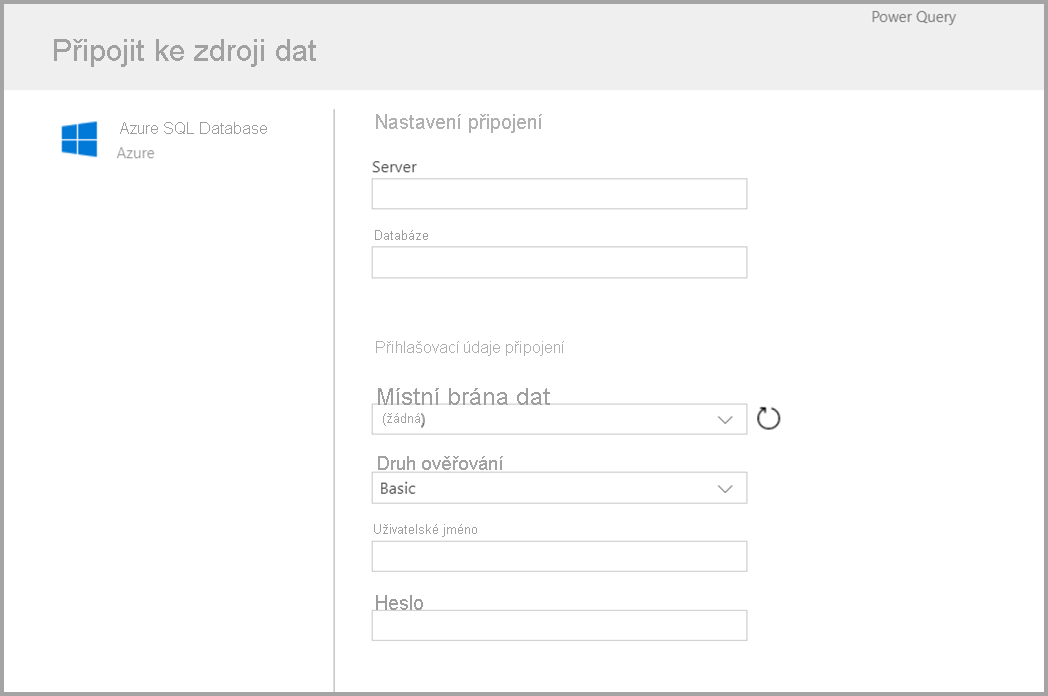 Snímek obrazovky s formulářem zobrazeným po výběru Azure SQL jako konektoru