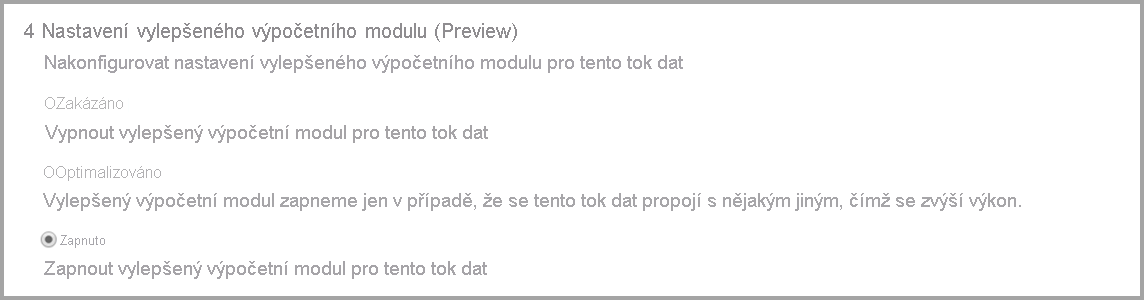 Snímek obrazovky s rozšířeným nastavením výpočetního modulu s vybranou možností Zapnuto