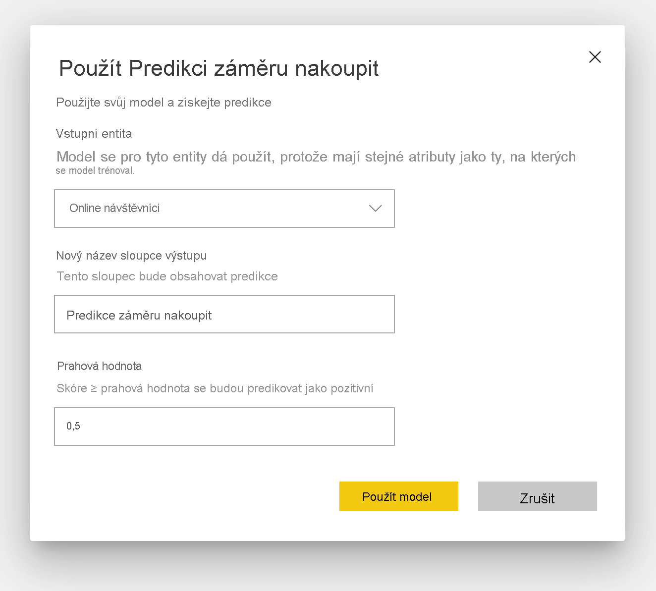 Snímek obrazovky s dialogovým oknem Použít predikci záměru nákupu