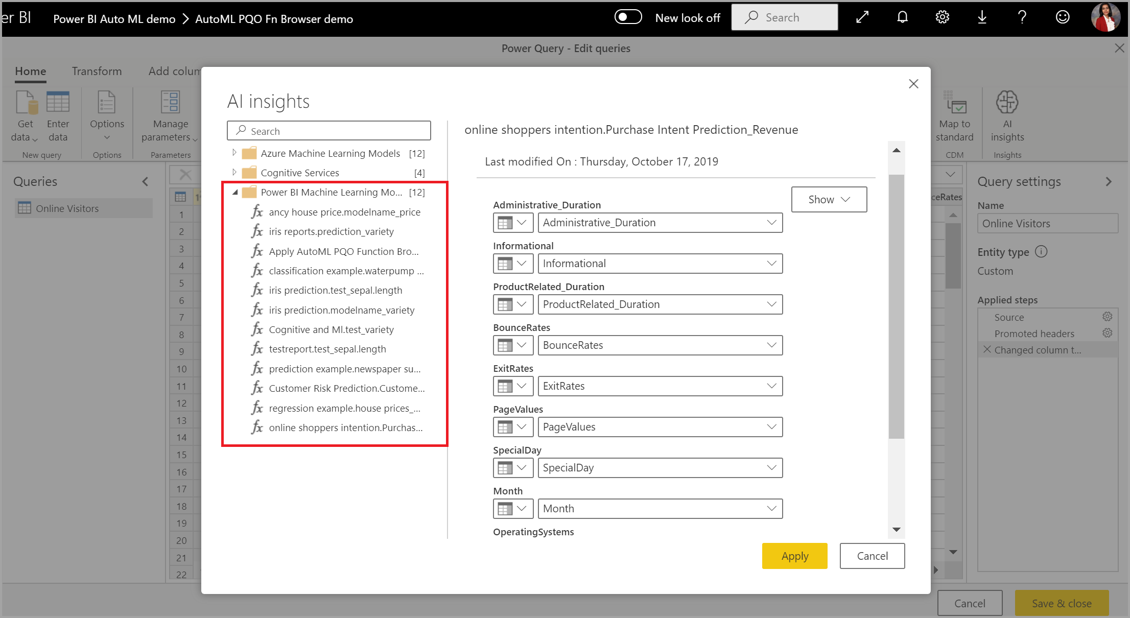 Snímek obrazovky s dialogovým oknem Přehledy AI se zvýrazněným modelem strojového učení Power BI