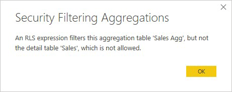 Zabezpečení na úrovni řádků pouze v tabulce agregace není povoleno.