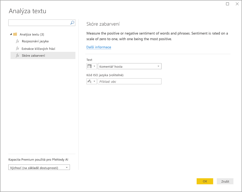 Screenshot of the Text analytics dialog box showing the Score sentiment function.