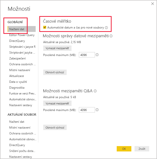 Snímek obrazovky s oknem Možnosti Power BI Desktopu