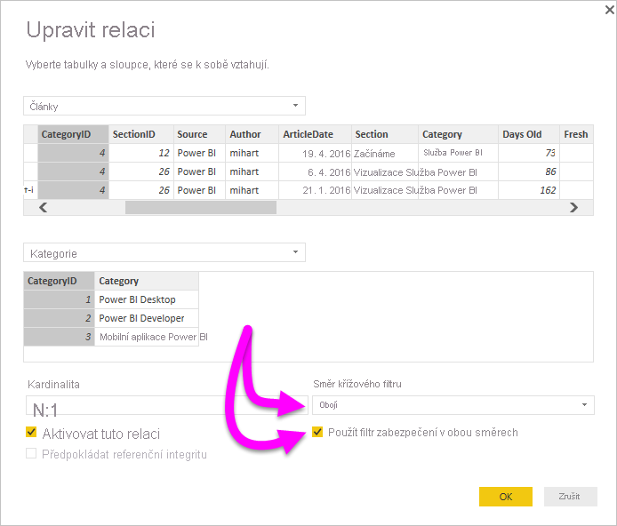 Screenshot of the Edit relationship dialog box with Cross filter direction set to both and the checkbox to Apply security filter in both directions selected.