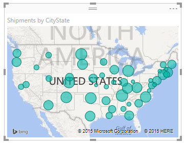 snímek obrazovky Power BI Desktopu zobrazující data znázorněná ve vizuálu Mapy