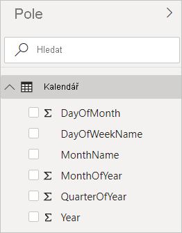 snímek obrazovky Power BI Desktopu zobrazující počítané sloupce v zobrazení Pole