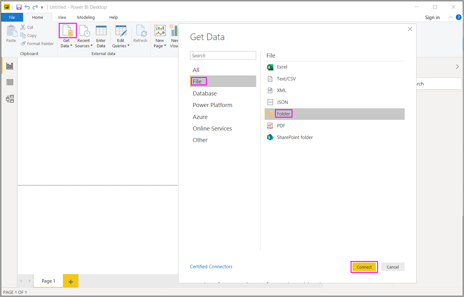 Screenshot of the Get Data dialog box highlighting the choice to connect to a folder.