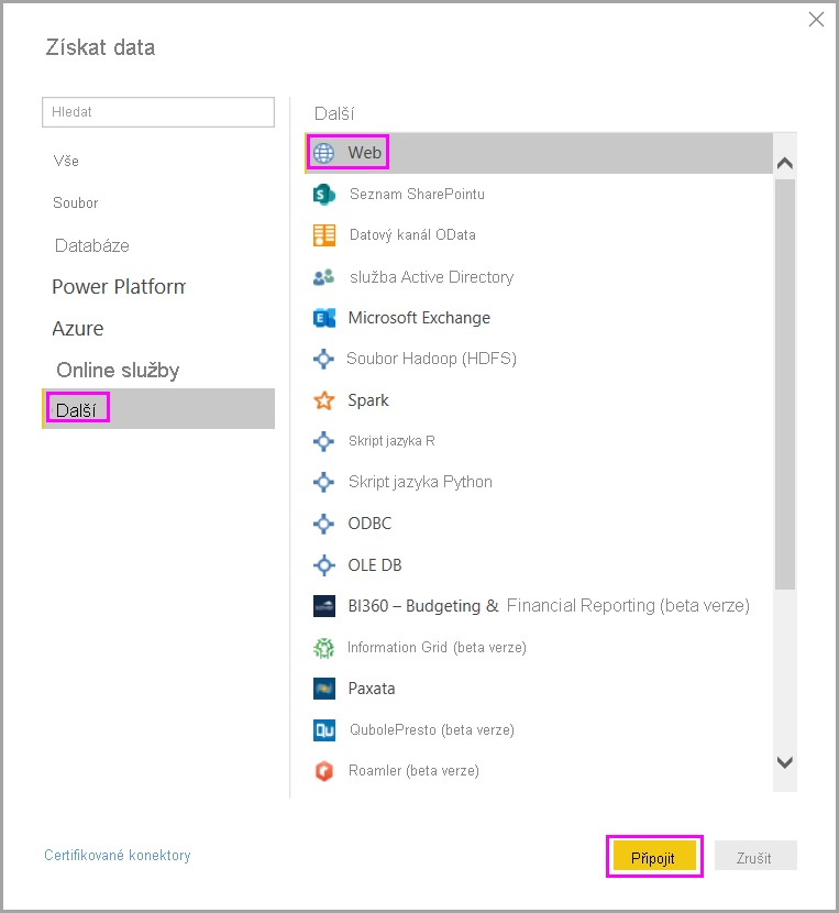 Screenshot of the Get data dialog box highlighting the option to connect to a Web data source.