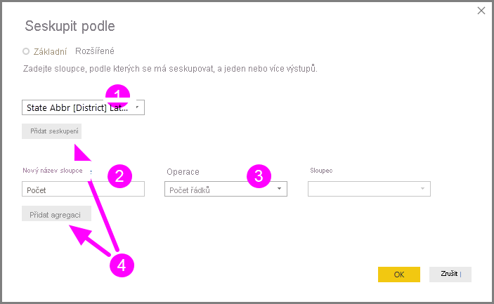 Screenshot shows the Group By dialog box with the Basic and Advanced options highlighted.