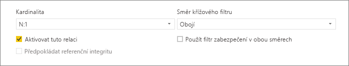 Snímek obrazovky s dolní částí dialogového okna Vytvořit relaci zobrazující možnosti kardinality a směru křížového filtru