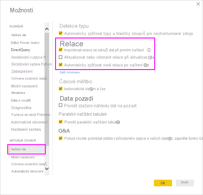Snímek obrazovky s oknem Možnosti zobrazující nastavení Relace na kartě Načtení dat