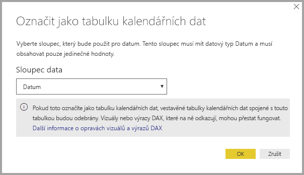 Snímek obrazovky Power BI Desktopu s dialogovým oknem Označit jako tabulku kalendářních dat s důležitou poznámkou