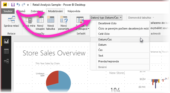 Snímek obrazovky Power BI Desktopu s kartou Modelování s vybraným filtrem Datový typ