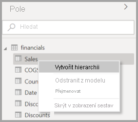 Snímek obrazovky původní místní nabídky pro pole v Power BI Desktopu