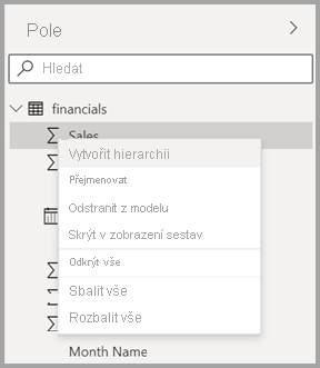 Snímek obrazovky s novou místní nabídkou pro pole v Power BI Desktopu