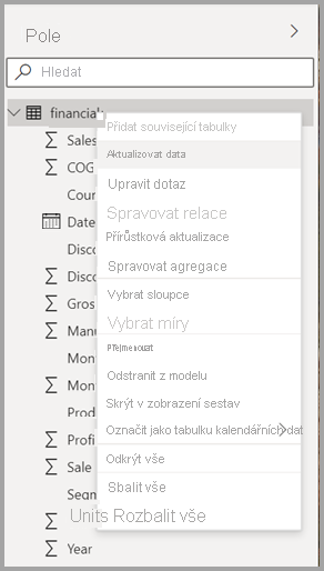 Snímek obrazovky nové kontextové nabídky pro tabulku v Power BI Desktopu.