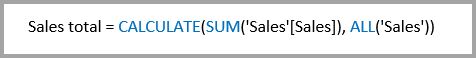 Snímek obrazovky s příkladem skriptu Příkladem je Sales total = Calculate(Sum('Sales'[Sales]), All('Sales')).