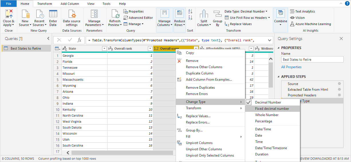 Snímek obrazovky Power BI Desktopu s daty v prostředním podokně