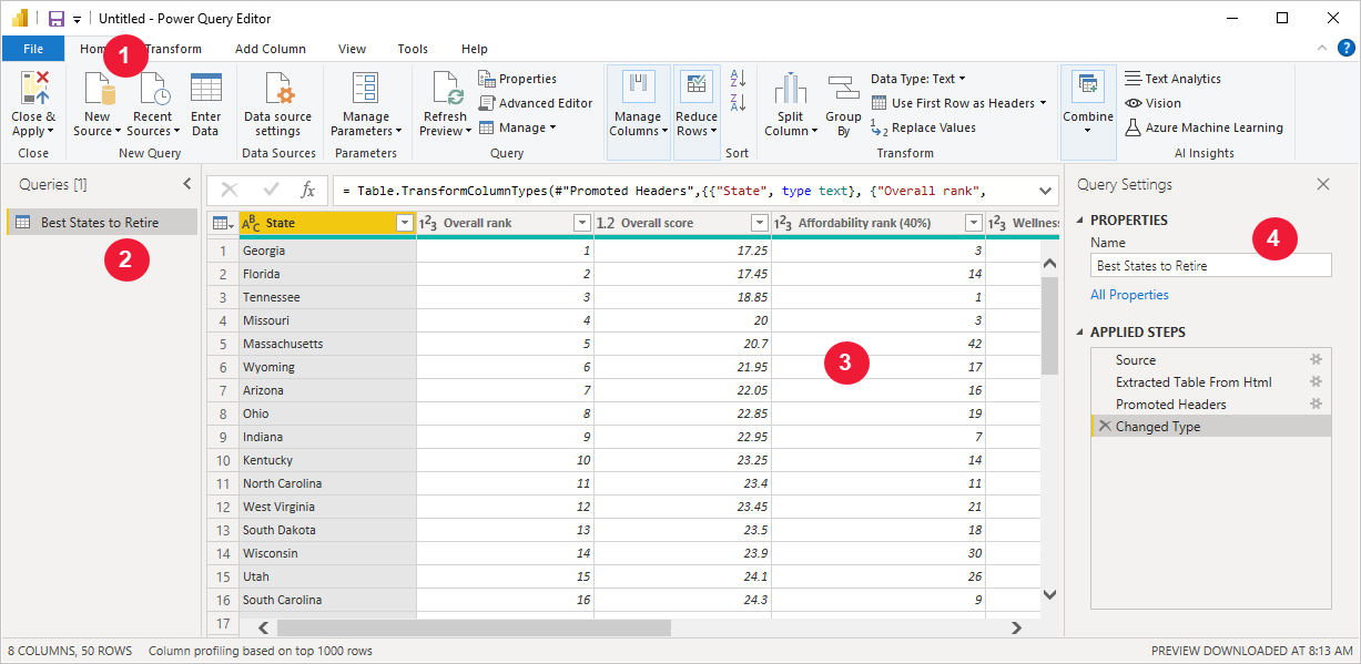 Snímek obrazovky Power BI Desktopu s podoknem Nastavení dotazů v Editor Power Query