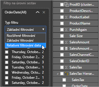 Snímek obrazovky se zvýrazněnou možností Relativní datum v rozevíracím seznamu Typ filtru
