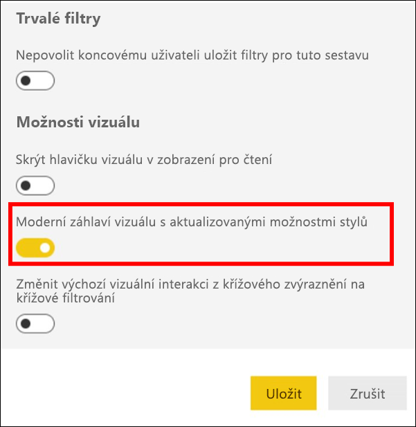 Snímek obrazovky znázorňující vybranou možnost Povolit moderní záhlaví vizuálu