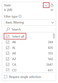 Snímek obrazovky, který ukazuje, jak vybrat možnost Vybrat vše pro pole Stát v podokně Filtry